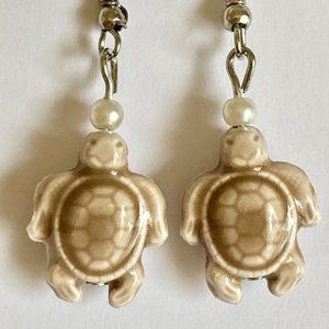 Pearl Brown Beige Ceramic Bead Sea Turtle Earrings Nautical Island Beach Dangle